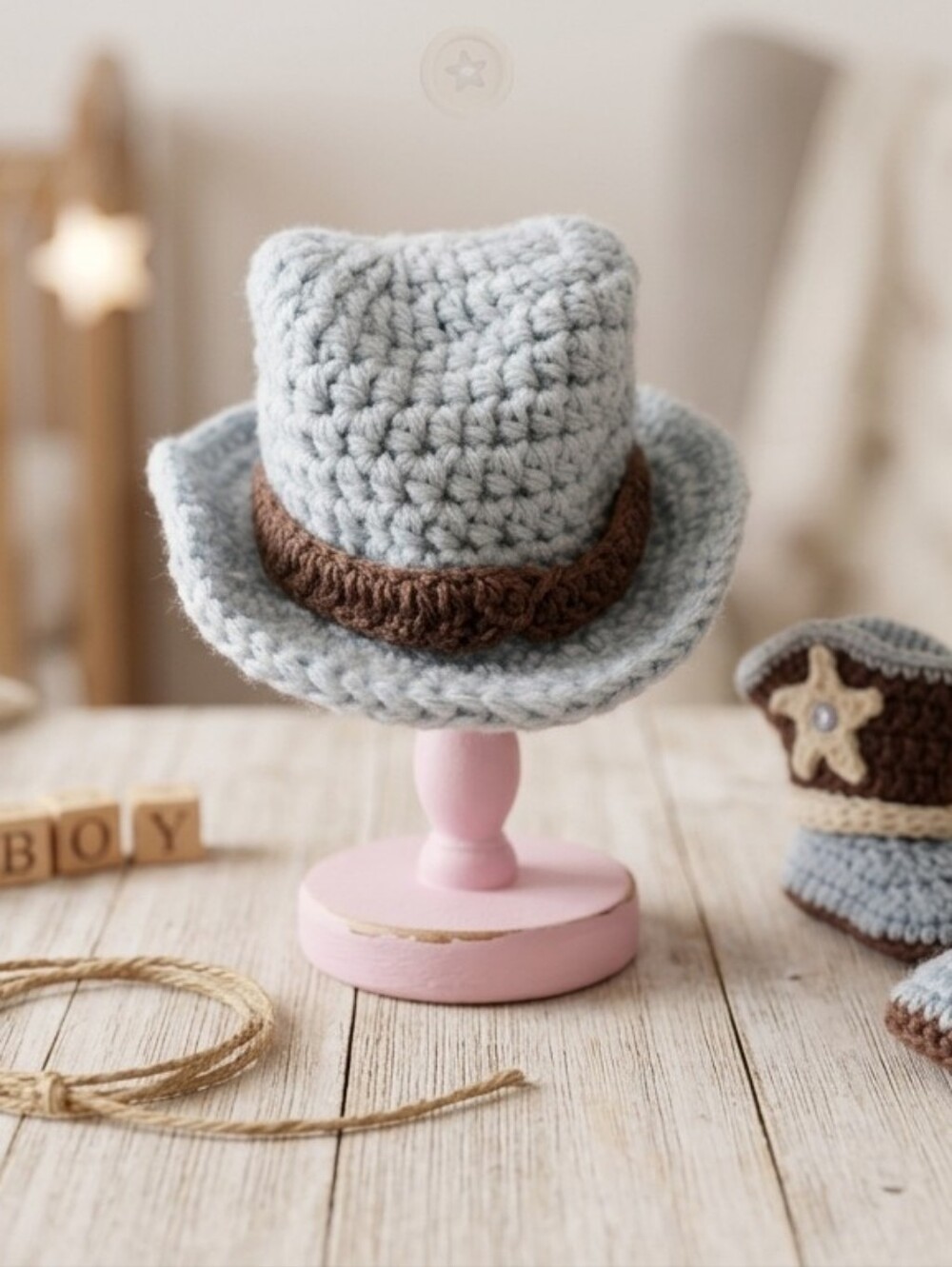 Handmade Crochet Baby Boy Blue Cowboy Hat and Booties Set 0-3 Months